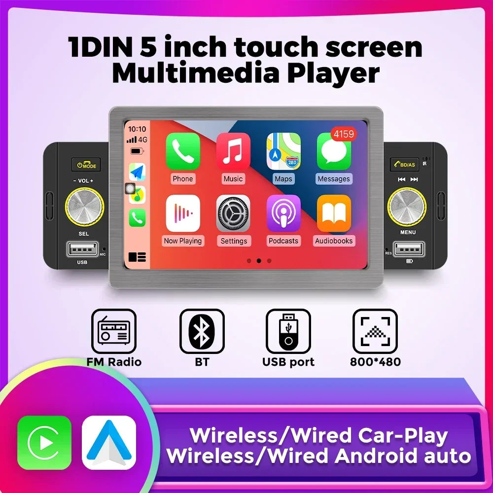 1din Car Play Android Auto Radio Multimedia Video Player 5inch Touch Screen Automotive Intelligent System Rear View Camera Input